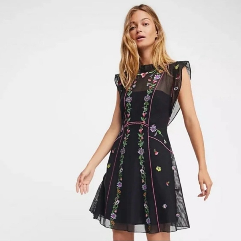 🆕 FREE PEOPLE Black Riviera Embroidered Illusion Mini Dress NWT